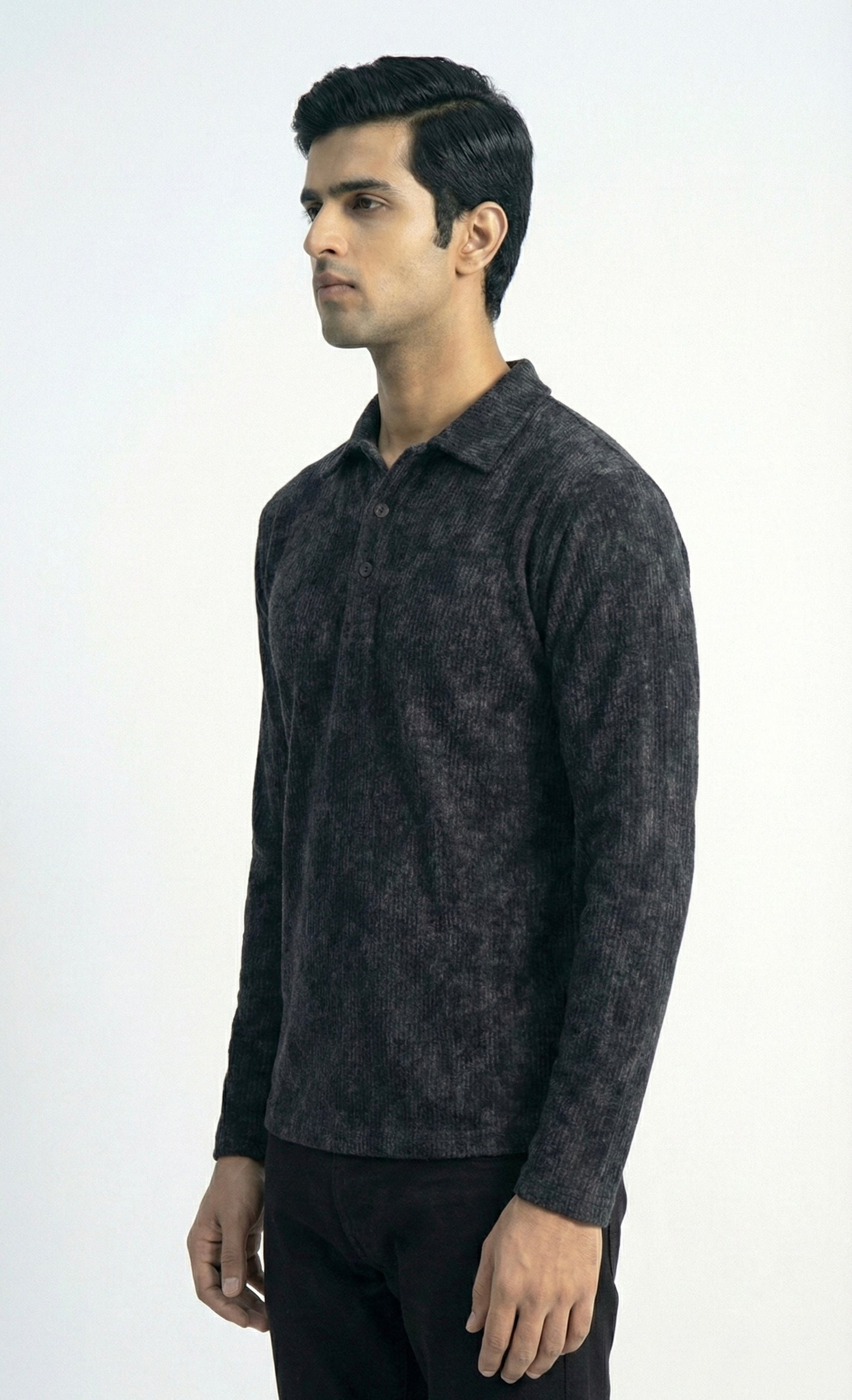 Charcoal Acid Wash Full Sleeve Polo T-Shirt