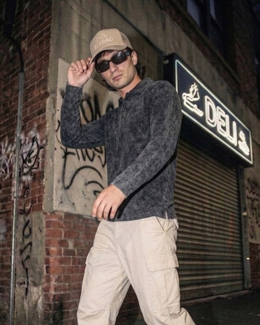 Charcoal Acid Wash Full Sleeve Polo T-Shirt