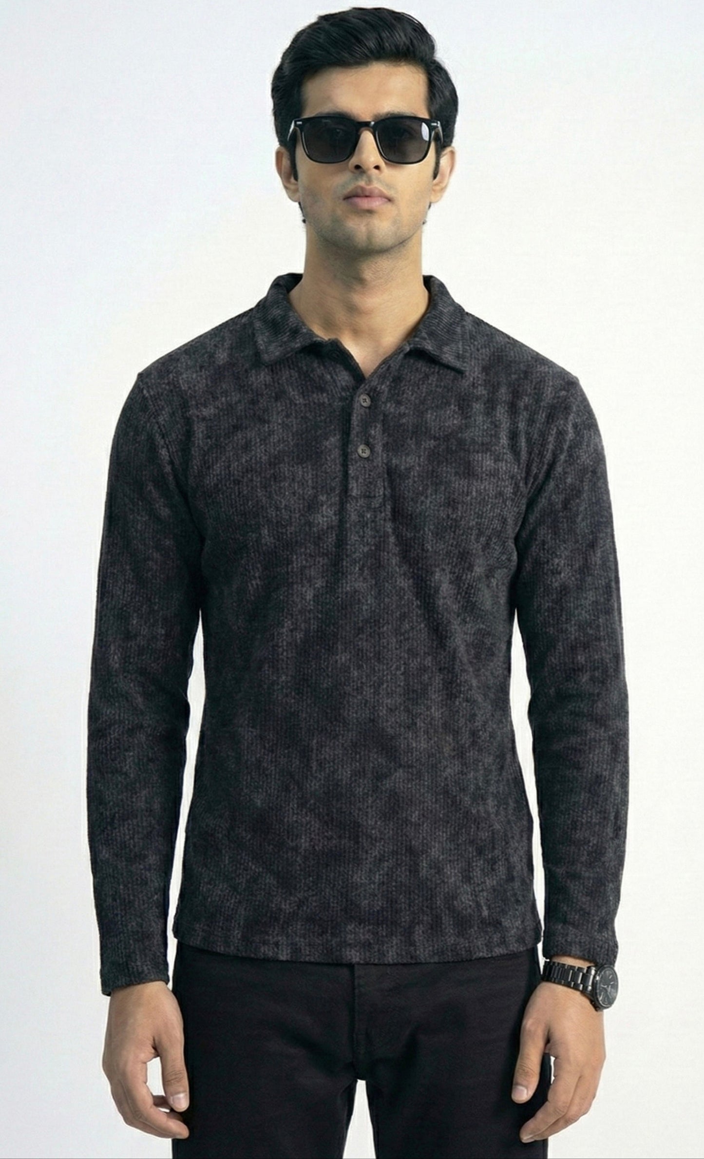 Charcoal Acid Wash Full Sleeve Polo T-Shirt