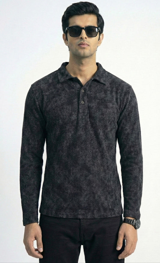 Charcoal Acid Wash Full Sleeve Polo T-Shirt